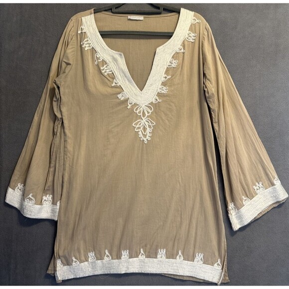 Debbie Katz South Beach Embroidered Tunic Top Womens Size L Tan Beach Cover Up - Picture 1 of 9
